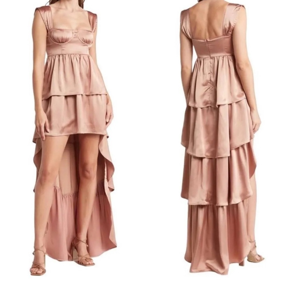 WeWoreWhat satin corset dress soft taupe brown Tiered Evening Dress 14